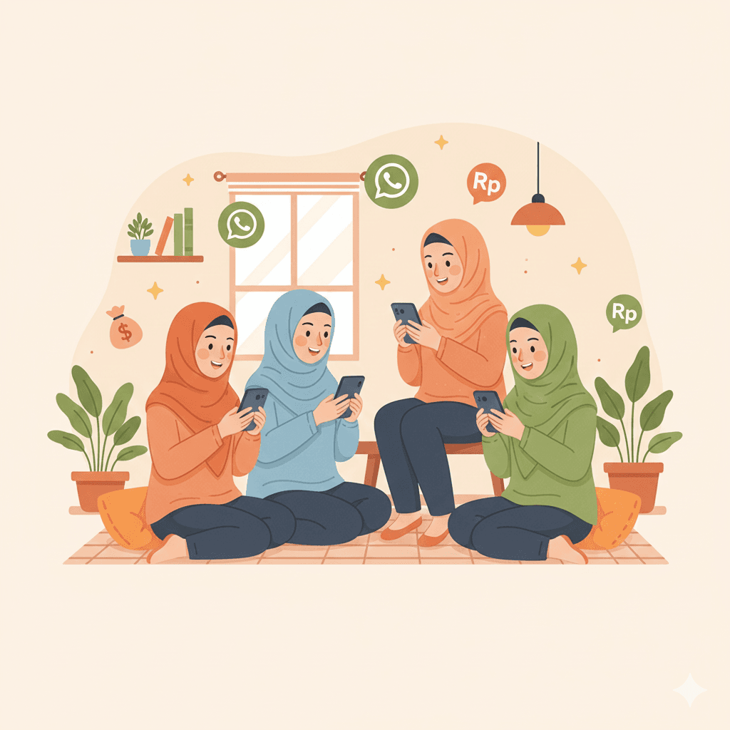 Ilustrasi ibu-ibu menggunakan arisan digital